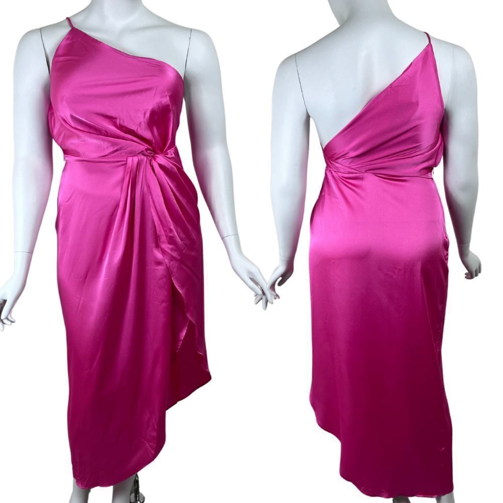 Showpo Women Size 12 Not Thinking Hot Pink Asymmetrical Satin Midi NEW Dress